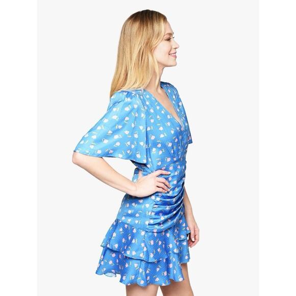 SAYLOR Mel Blue Floral Mini Dress Ruched Waist Ties Flounce V-Neck Size Medium - Picture 2 of 10